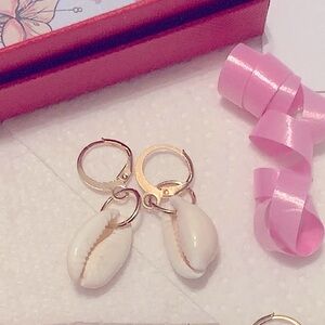Gold Hoop White Cowie Shell Charm Dangle Earrings Small Minimalist NEW